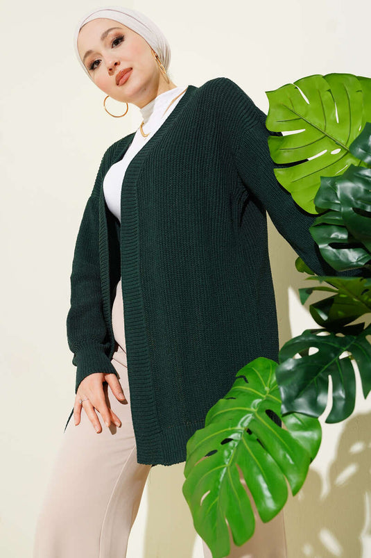 Pirinç Örgü Basic Triko Hırka Zümrüt