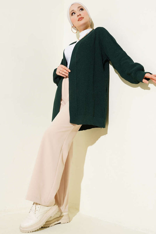 Pirinç Örgü Basic Triko Hırka Zümrüt