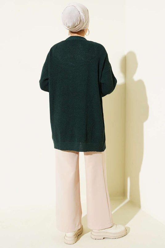 Pirinç Örgü Basic Triko Hırka Zümrüt