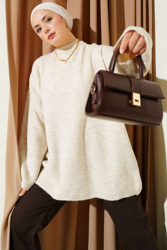 Maglia Tunica a Spalle Scese con Intreccio di Riso Beige