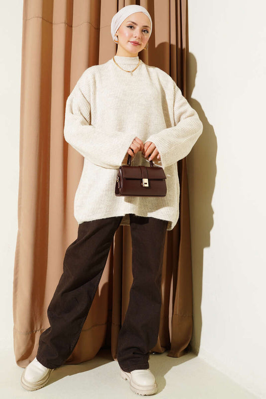 Pirinç Örgü Düşük Omuz Triko Tunik Bej