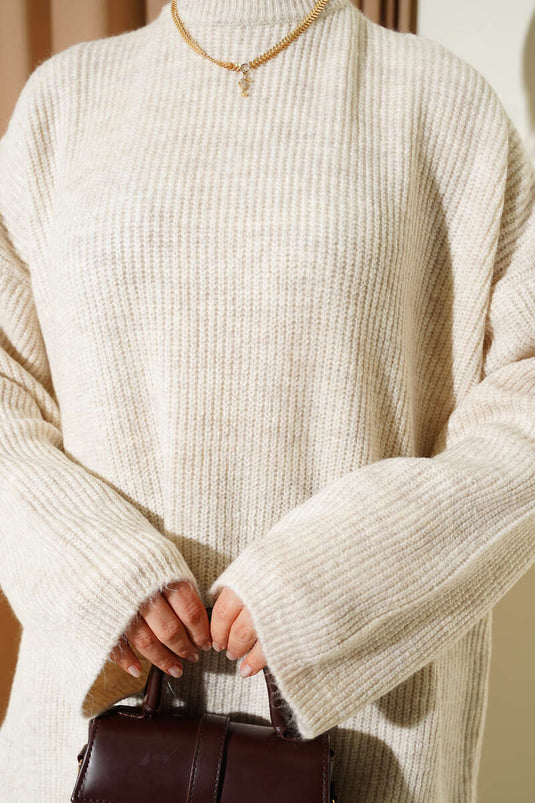 Maglia Tunica a Spalle Scese con Intreccio di Riso Beige