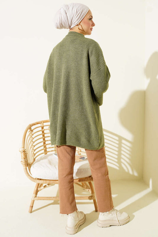 Maglia Tunica a Spalle Scese con Intreccio di Riso Verde Oliva