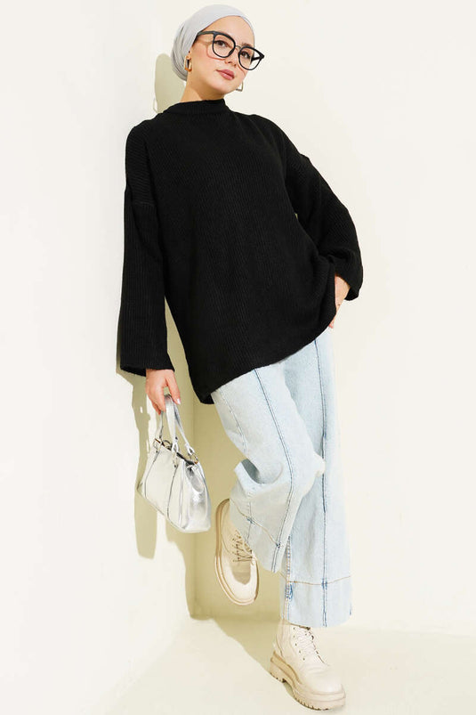 Maglia Tunica a Spalle Scese con Intreccio di Riso Nera