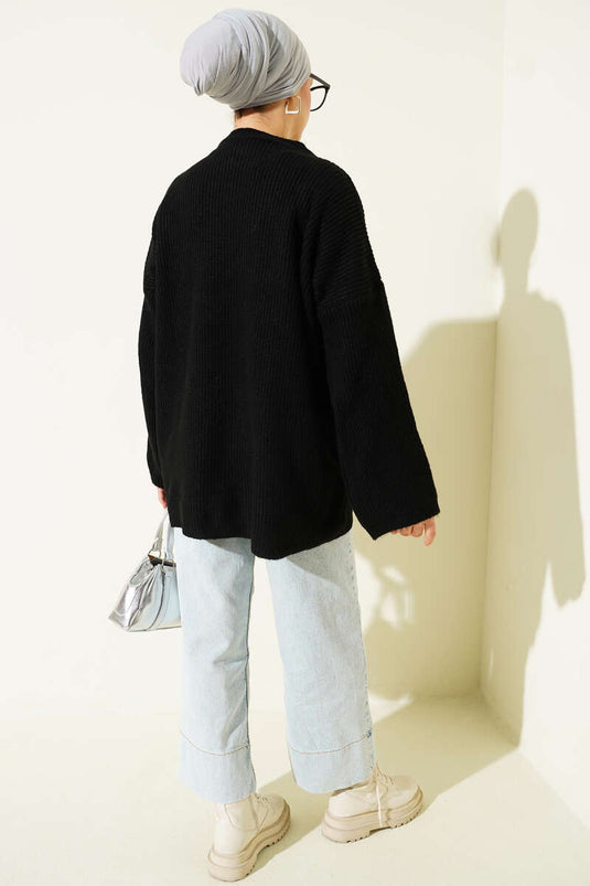 Maglia Tunica a Spalle Scese con Intreccio di Riso Nera