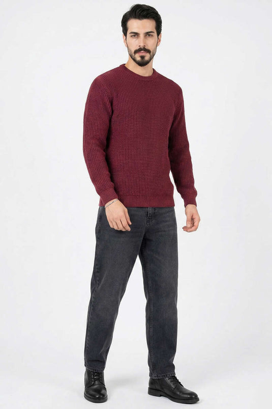 Gestrickter Herrenpullover Aus Reisstroh In Burgunderrot