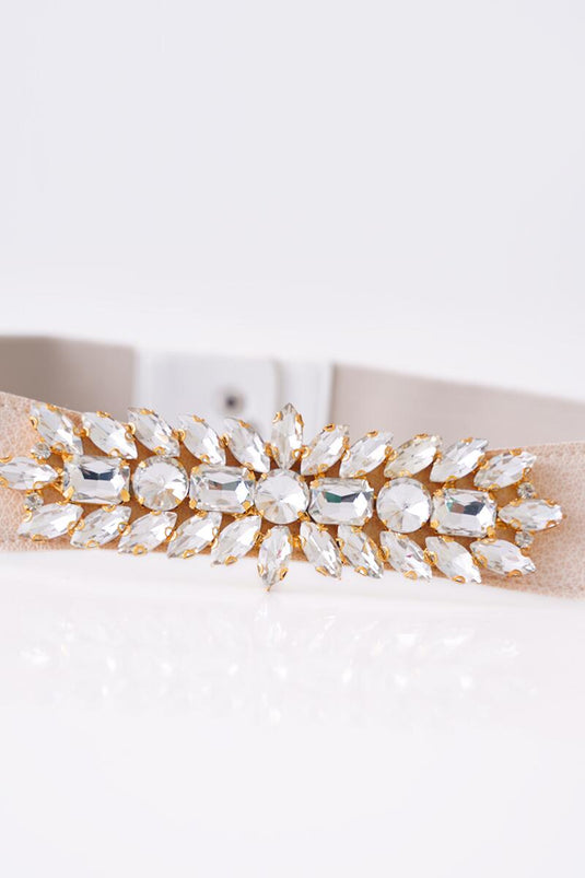 Beige elastischer Gürtel mit Diamantenverzierung