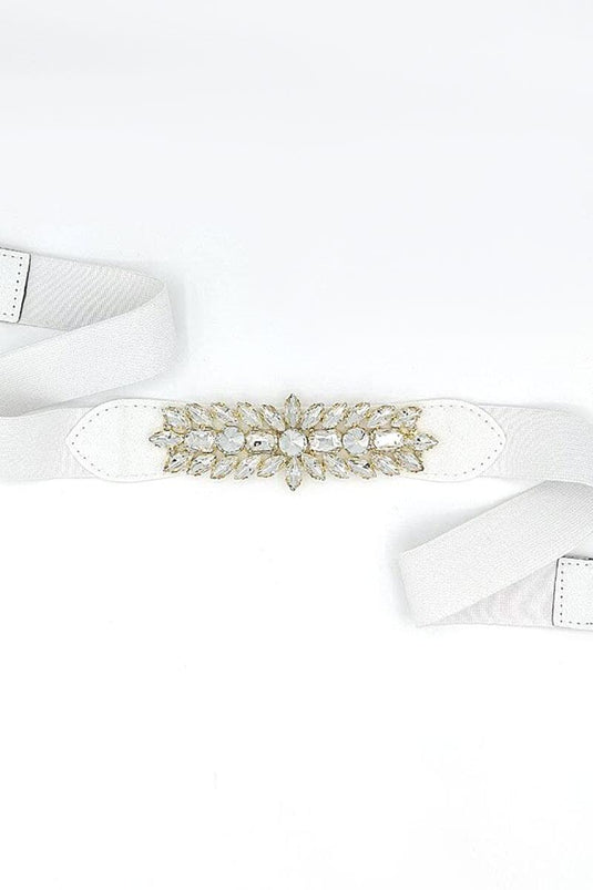 White Elastic Belt with Diamond Stone Decoration
