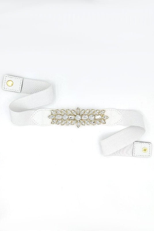 White Elastic Belt with Diamond Stone Decoration