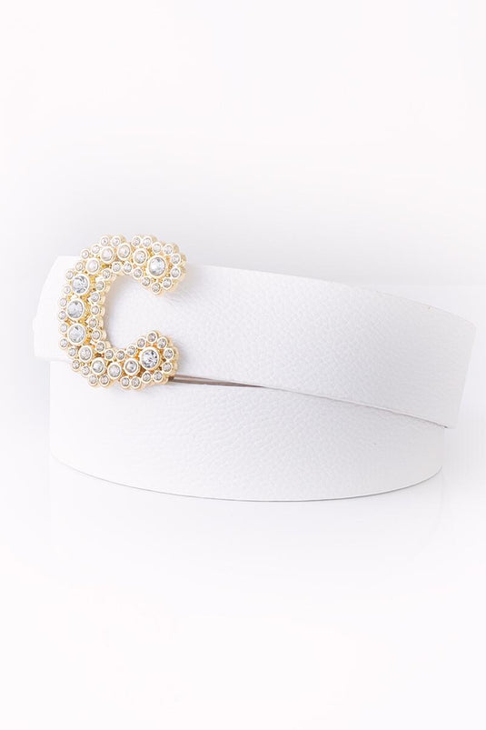 Diamond Stone Buckled White Belt