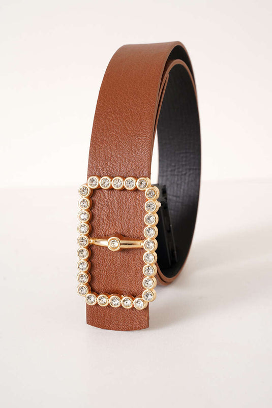 Ceinture à boucle rectangulaire en pierre de diamant marron