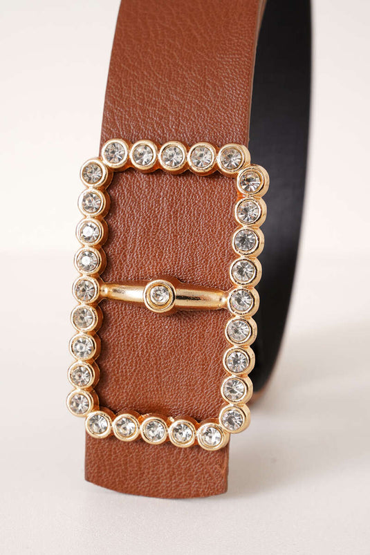 Ceinture à boucle rectangulaire en pierre de diamant marron