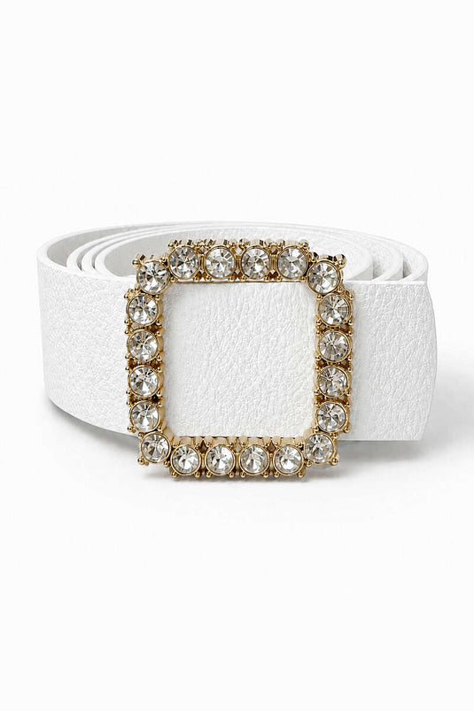 Ceinture blanche carrée à boucle avec pierre diamantée