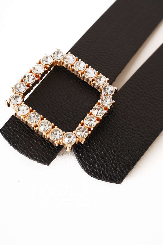 Diamond Stone Square Buckle Belt Black