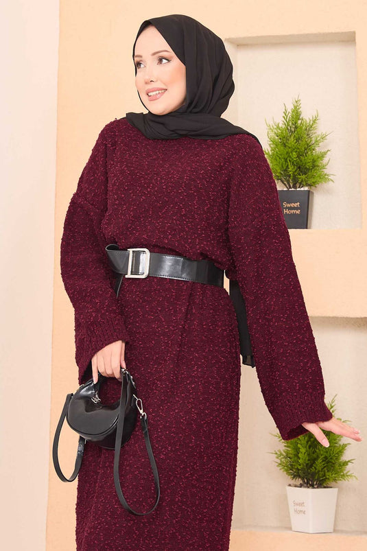 Übergroßes Hijab-Kleid mit Patchwork-Textur, Burgunderrot