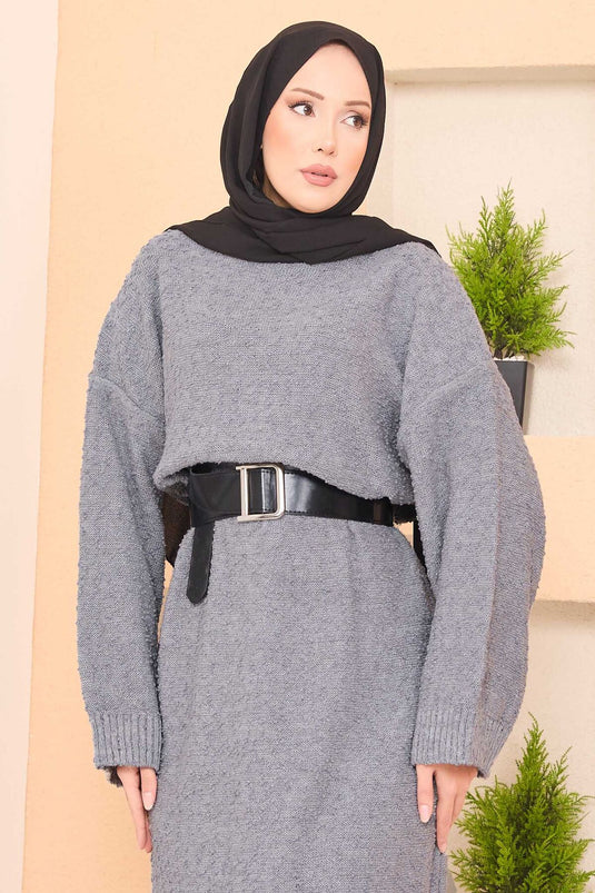 Übergroßes Hijab-Kleid mit Patchwork-Textur, Grau