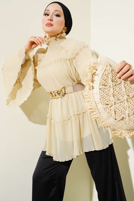 Pliseli Kat Kat Salaş Tunik Bej