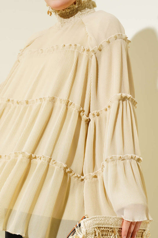 Pliseli Kat Kat Salaş Tunik Bej