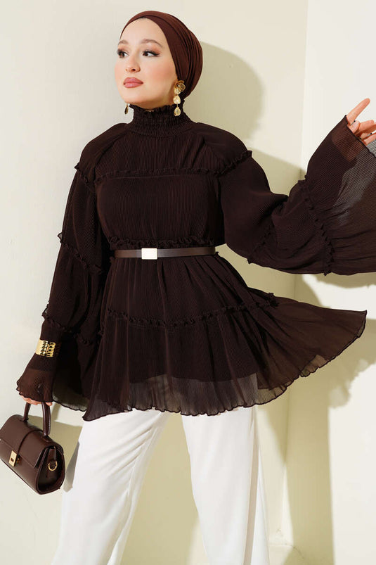 Pliseli Kat Kat Salaş Tunik Kahve