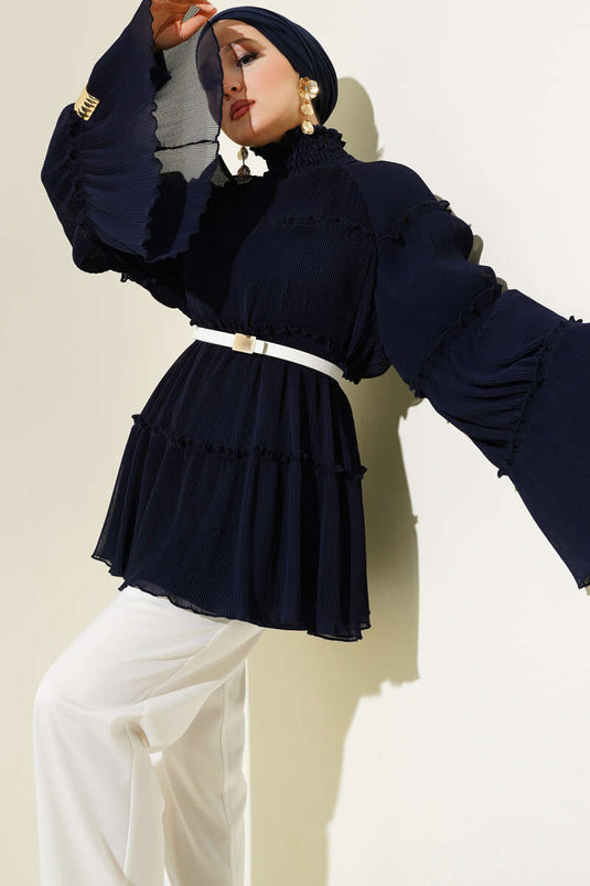 Pliseli Kat Kat Salaş Tunik Lacivert