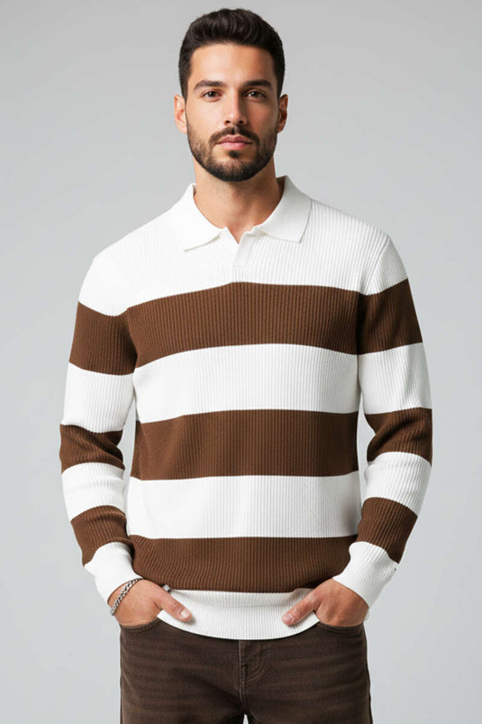 Polo à col ouvert pour homme, en maille, blanc et marron