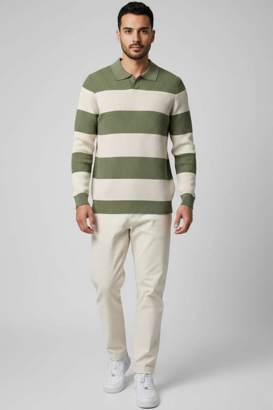 كنزة بولو رجالية محبوكة مفتوحة الياقة باللون الأخضر الفاتح