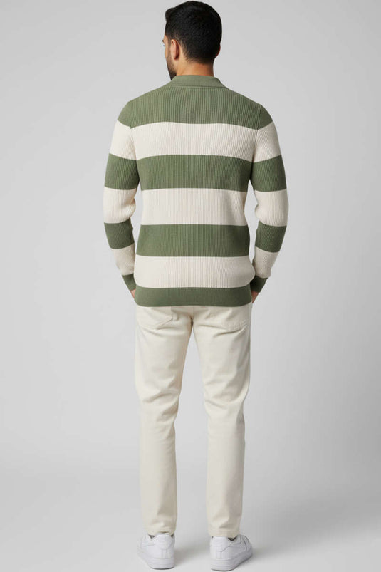 كنزة بولو رجالية محبوكة مفتوحة الياقة باللون الأخضر الفاتح