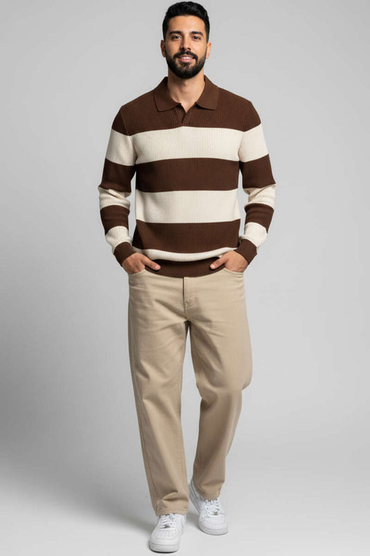 كنزة بولو رجالية محبوكة بياقة مفتوحة، لون بيج قهوة