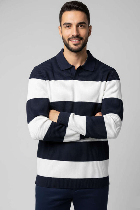 Polo à col ouvert pour homme, en maille, bleu marine et blanc