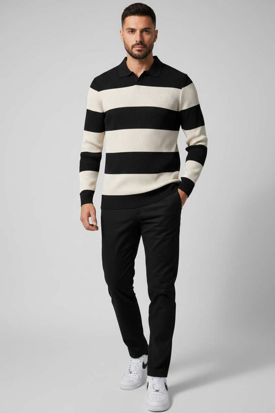 Polo à col ouvert pour homme, en maille, noir et beige