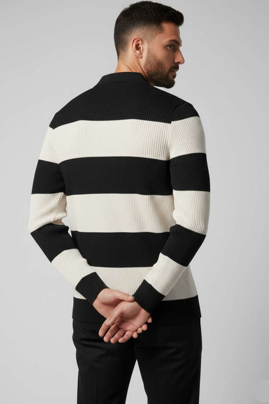 كنزة بولو رجالية مفتوحة الياقة، لون أسود وبيج