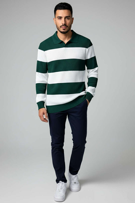 كنزة بولو رجالية مفتوحة الياقة باللون الأخضر