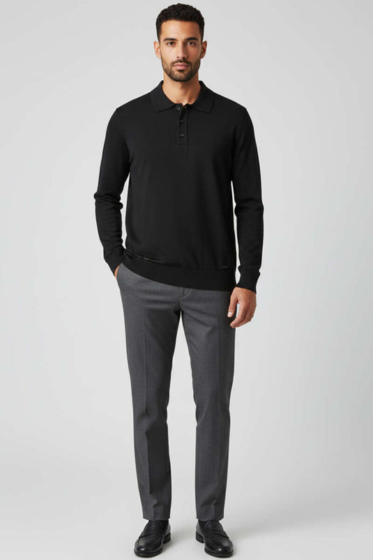 Pull polo à col boutonné pour homme, en maille noire