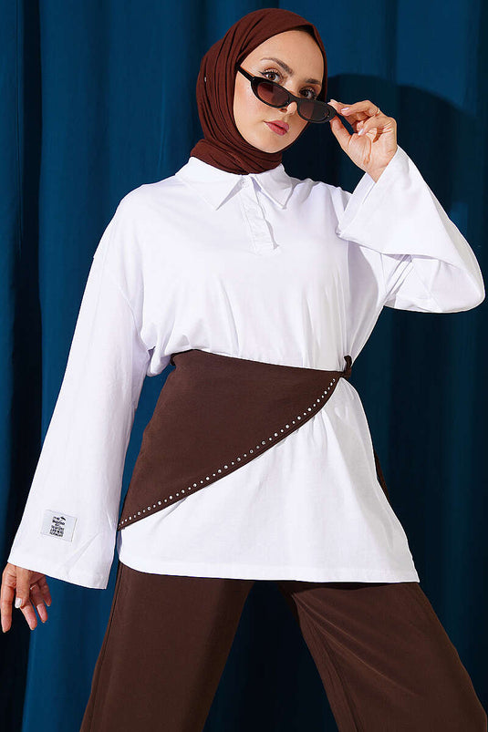 Polo Yaka Armalı Salaş Tunik Beyaz