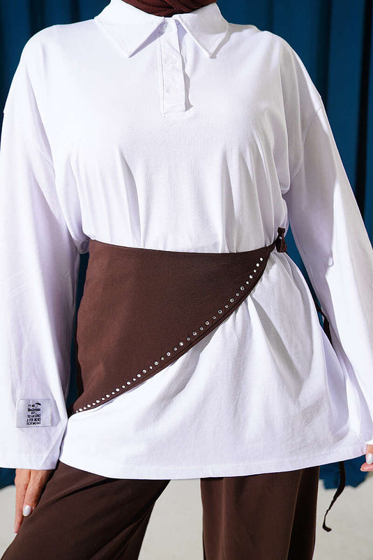 Polo Yaka Armalı Salaş Tunik Beyaz
