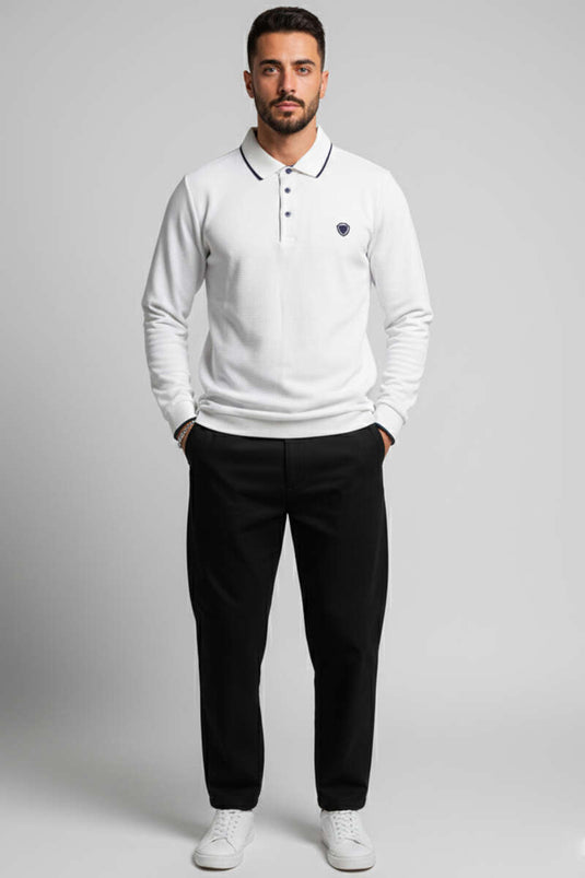 Sweat-shirt blanc à col polo et motif gaufré