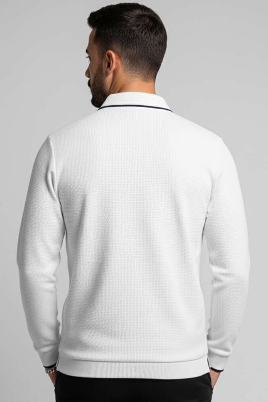 Sweat-shirt blanc à col polo et motif gaufré