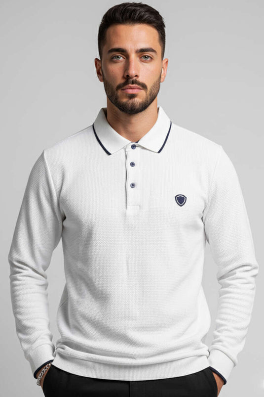 Sweat-shirt blanc à col polo et motif gaufré