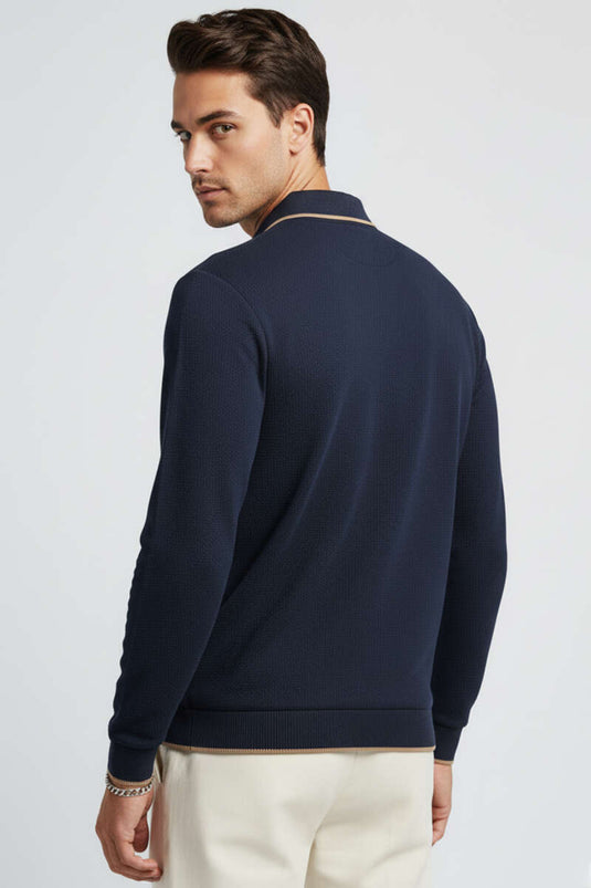 Sweat-shirt gaufré bleu marine à col polo