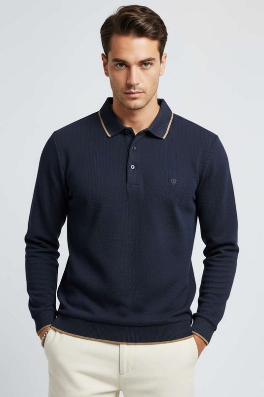 Sweat-shirt gaufré bleu marine à col polo