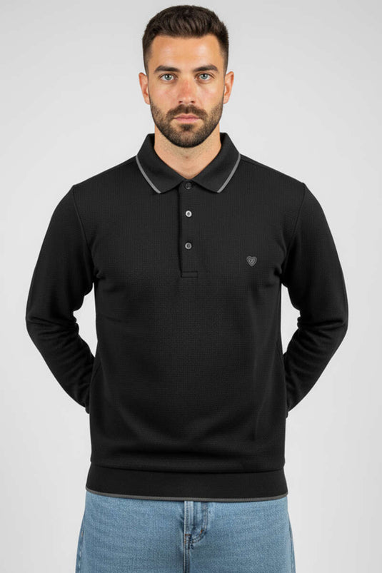 Sweat-shirt noir à col polo et maille gaufrée