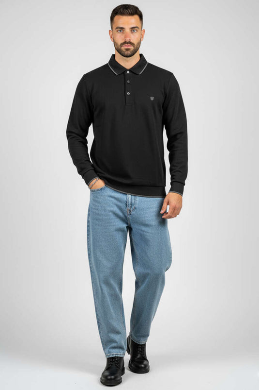 Sweat-shirt noir à col polo et maille gaufrée