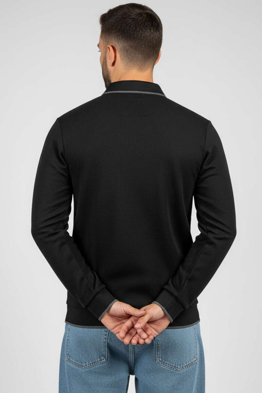 Sweat-shirt noir à col polo et maille gaufrée