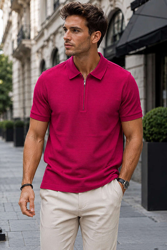 Polo Yaka Basic Fermuarlı T-shirt Bordo