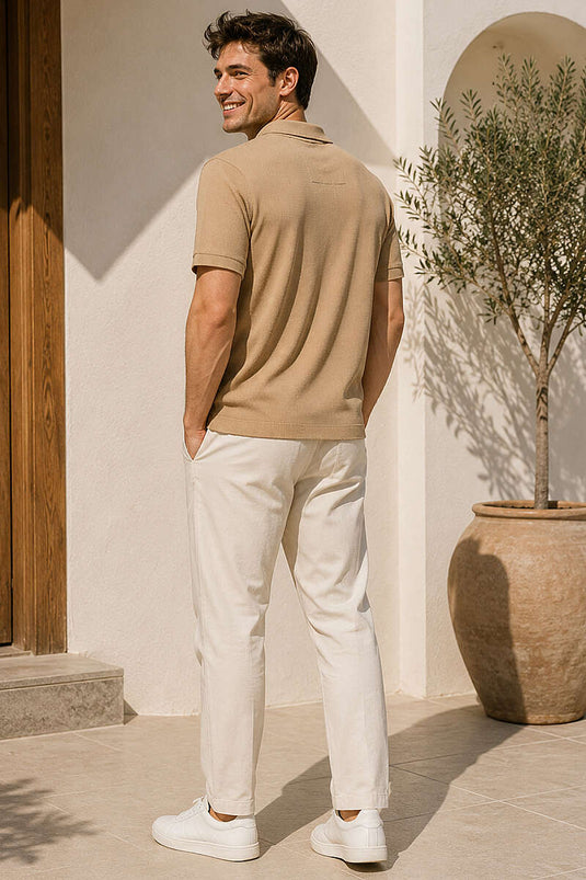 T-shirt basique à col polo zippé camel