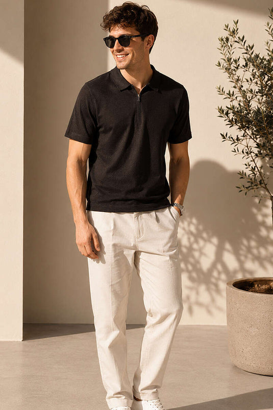 T-shirt basique à col polo zippé marron