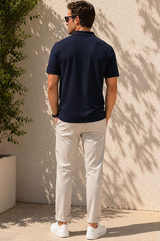 T-shirt basique à col polo zippé bleu marine