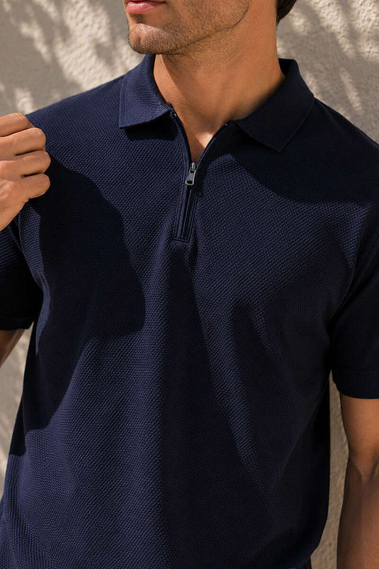 T-shirt basique à col polo zippé bleu marine