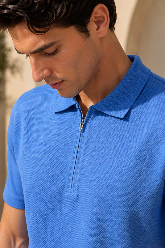 T-shirt basique à col polo zippé bleu