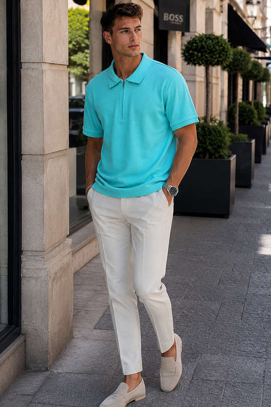 Polo Yaka Basic Fermuarlı T-shirt Su Yeşili